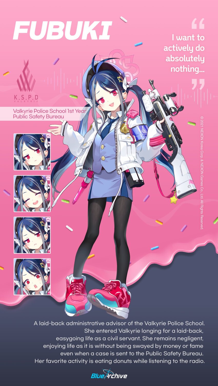 1girl absurdres antenna_hair black_pantyhose blue_archive blue_hair blue_hat blue_necktie blue_vest bow donut english_text food fubuki_(blue_archive) full_body grey_hair gun hair_bow hair_ornament halo hat heart heart_hair_ornament highres jacket long_hair long_sleeves looking_at_viewer mimitoke multicolored_hair multiple_expressions necktie official_art pantyhose police police_badge police_hat police_uniform policewoman red_eyes rifle ruger_mini-14 standing streaked_hair twintails vest walkie-talkie weapon white_bow white_jacket
