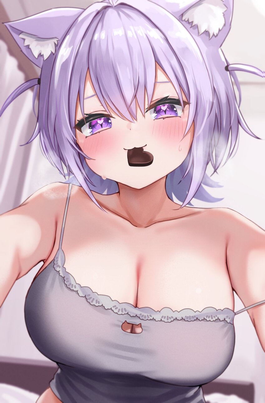 1girl :3 animal_ears blush breasts camisole candy cat_cutout cat_ears cat_girl chocolate chocolate_heart cleavage cleavage_cutout closed_mouth clothing_cutout collarbone food grey_camisole heart heart-shaped_food heart_in_eye highres hololive large_breasts medium_hair mouth_hold nekomata_okayu purple_eyes purple_hair reityana smile solo strap_lift symbol_in_eye two_side_up virtual_youtuber