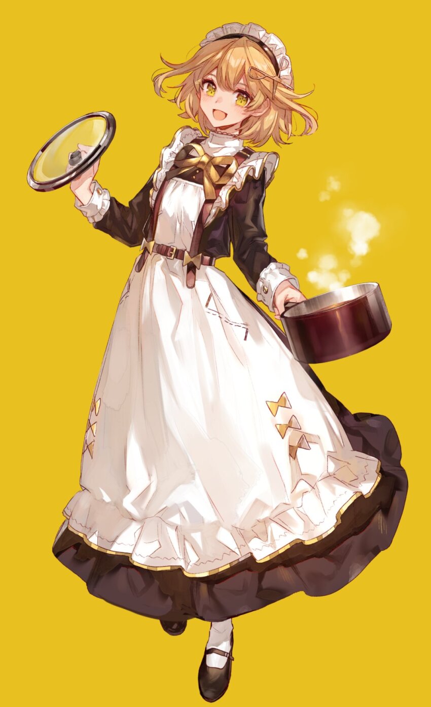 1girl :d apron belt black_dress black_shoes blonde_hair bow brown_belt check_copyright chocoan cooking_pot copyright_request crosshair_pupils dress full_body gold_trim hands_up highres holding holding_cooking_pot holding_lid long_dress long_sleeves looking_at_viewer maid_apron maid_headdress mary_janes open_mouth original scissors_hair_ornament shoes short_hair simple_background smile socks solo standing steam white_apron white_socks yellow_background yellow_bow yellow_eyes