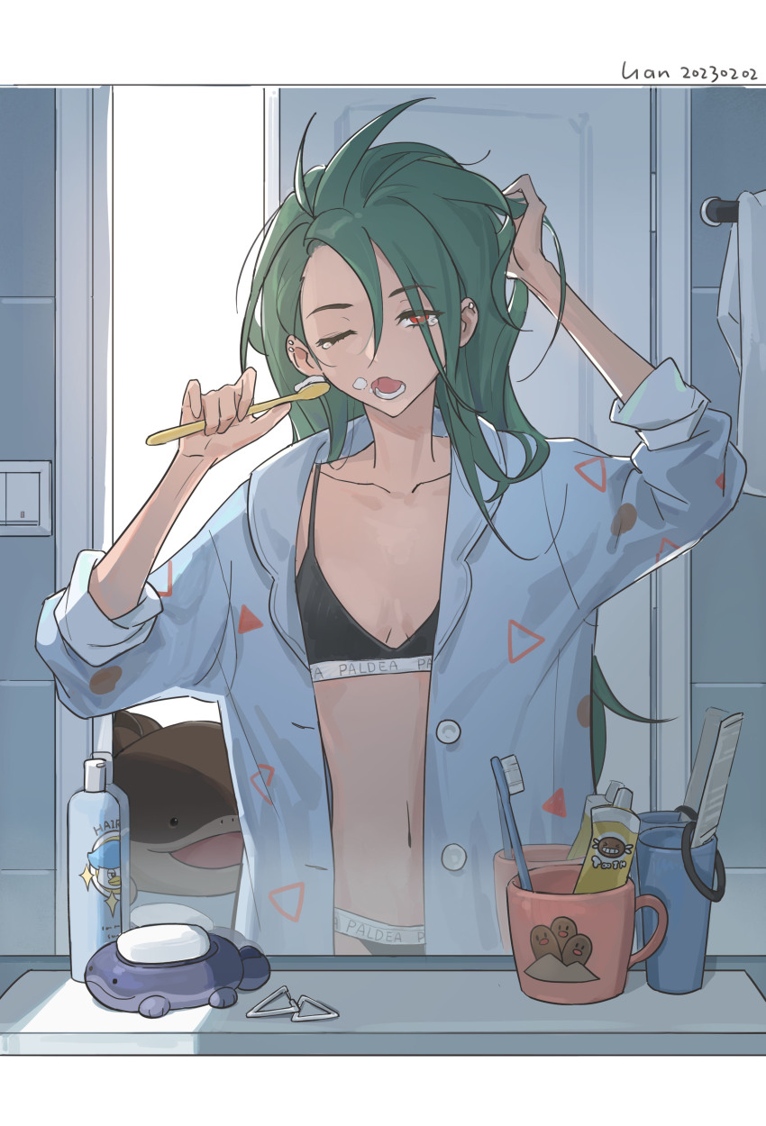 1girl absurdres black_bra black_panties bottle bra bright_pupils buttons character_print clodsire commentary_request cup dated dugtrio gen_1_pokemon green_hair highres holding holding_toothbrush indoors light_switch long_hair lower_teeth_only messy_hair mirror mug nintendo one_eye_closed open_clothes open_mouth open_shirt paldean_wooper panties pokemon pokemon_(creature) pokemon_sv quaxly red_eyes reflection rika_(pokemon) shirt soap solo teeth three-quarter_sleeves toothbrush towel towel_rack underwear white_pupils yikoulian_lyan