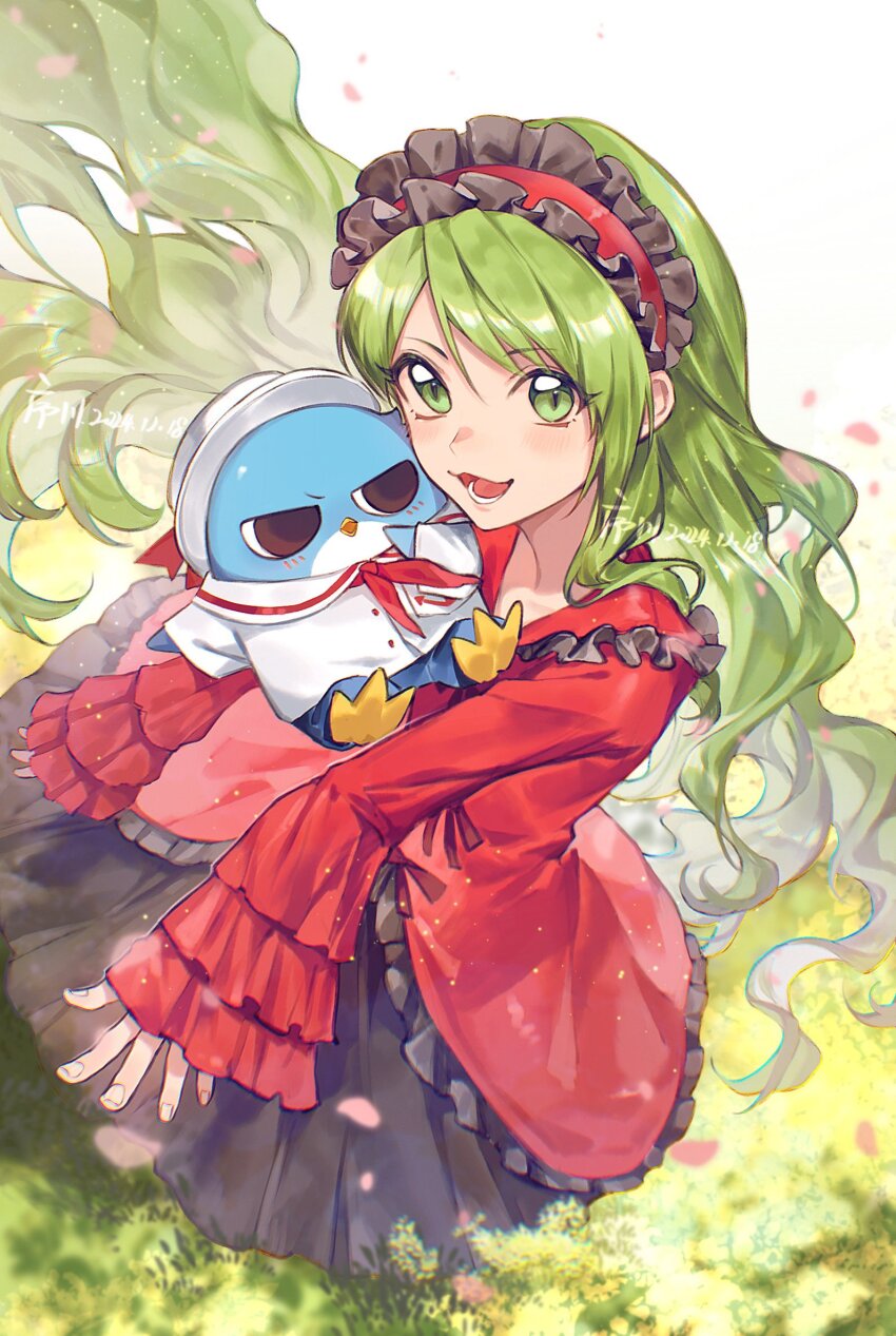 1girl bird black_skirt blue_pants collared_shirt falling_petals frilled_hairband frilled_shirt frilled_sleeves frills grass green_eyes green_hair hair_between_eyes hairband hat highres hippo_(mermaid_melody_pichi_pichi_pitch) light_blush long_hair long_sleeves looking_at_viewer lower_teeth_only mermaid_melody_pichi_pichi_pitch open_mouth outdoors outstretched_arms pants penguin petals pink_petals red_hairband red_shirt sailor_collar shirt skirt sleeves_past_wrists smile teeth white_hat white_sailor_collar white_shirt wide_sleeves xuchuan yuuri_(mermaid_melody_pichi_pichi_pitch)