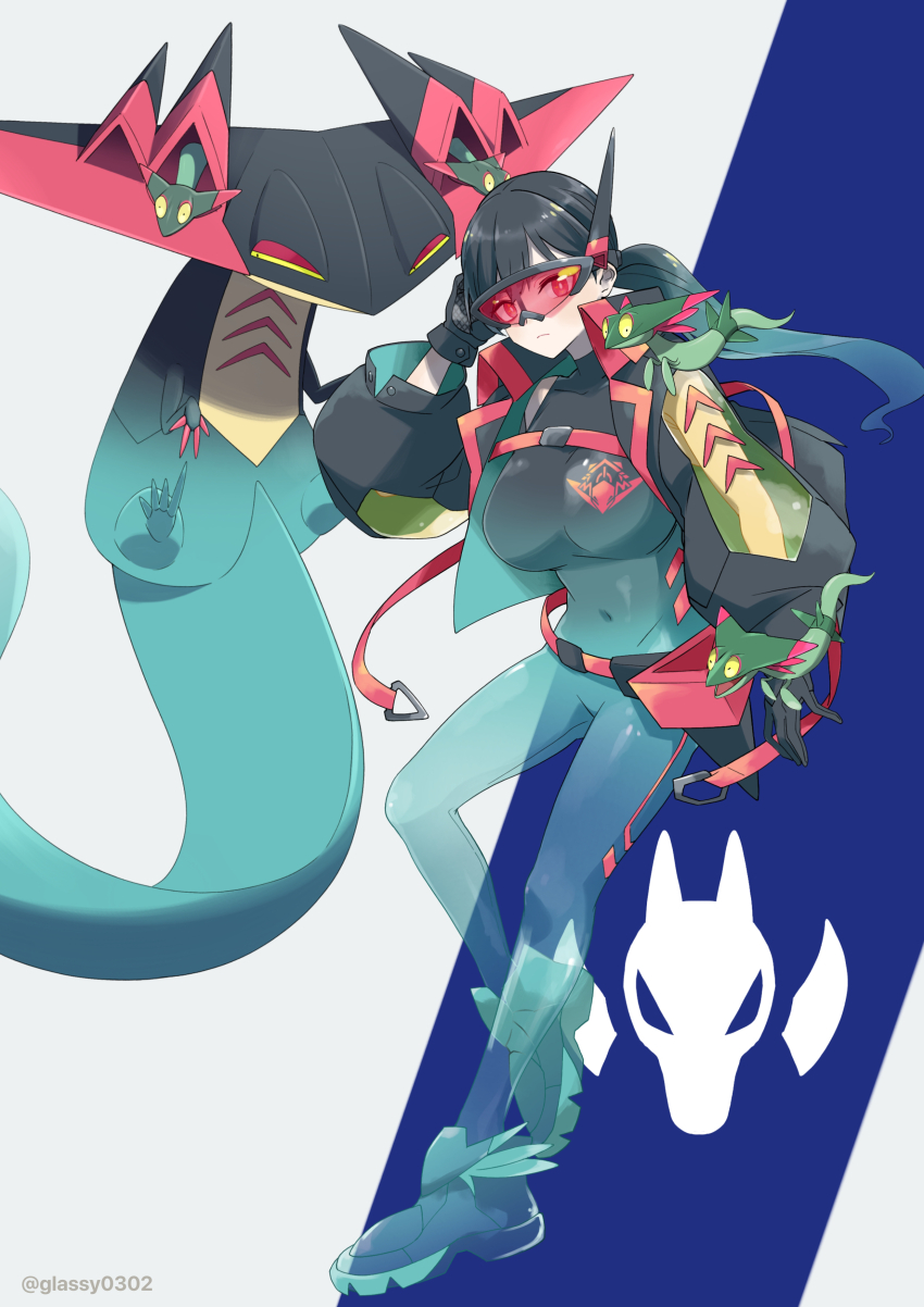 1girl 5others absurdres bodysuit breasts claws closed_mouth cosplay dragapult dragapult_(cosplay) dragon dreepy full_body gen_8_pokemon glassy0302 half-closed_eyes highres huge_breasts kuraishi_rinngo large_breasts looking_at_viewer low_ponytail multiple_others nintendo no_humans original pokemon pokemon_(creature) ponytail see-through_clothes visor_cap yellow_eyes
