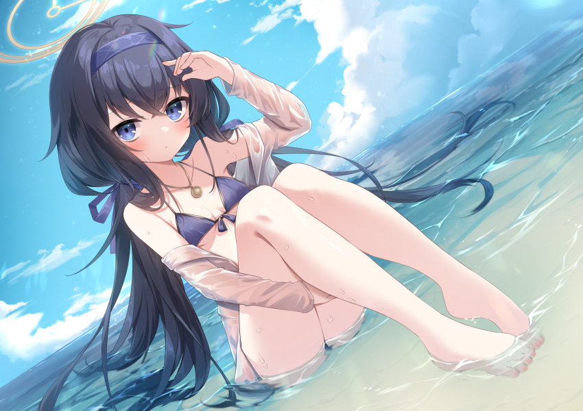 1girl alternate_costume bags_under_eyes bare_legs barefoot beach bikini black_hair blue_archive blush breasts closed_mouth cloud collarbone day feet hair_between_eyes hairband halo highres long_hair long_sleeves looking_at_viewer off_shoulder open_clothes outdoors purple_bikini shirt sitting sky small_breasts solo swimsuit thighs toes twintails ui_(blue_archive) umou_(may65879) very_long_hair water wet wet_clothes wet_shirt