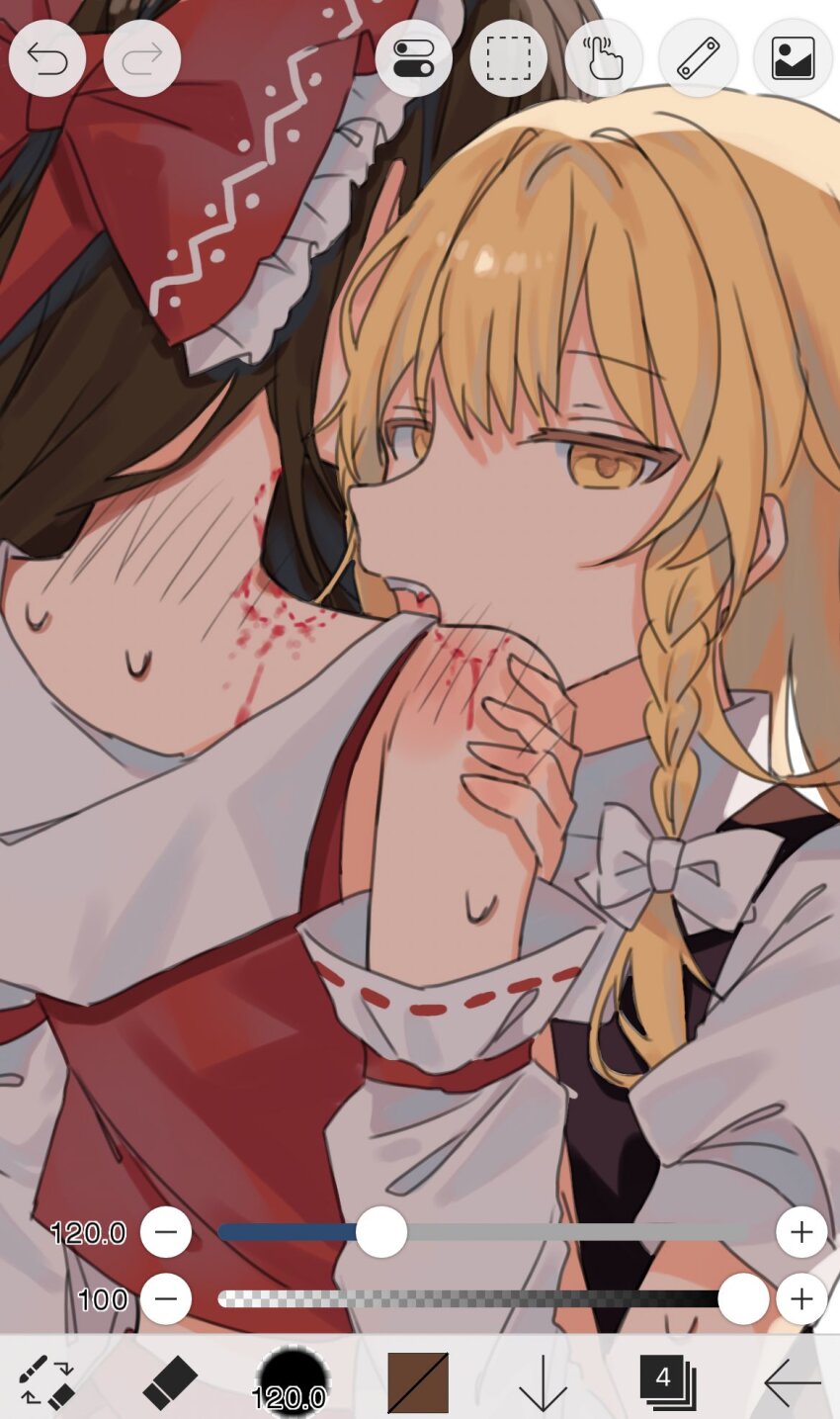 2girls amatukimahoro art_program_in_frame bite_mark bite_mark_on_shoulder blonde_hair bow brown_hair detached_sleeves fang hair_bow hakurei_reimu hand_on_another&#039;s_shoulder highres kirisame_marisa long_hair multiple_girls open_mouth red_bow shirt shoulder_blush touhou white_bow white_shirt yellow_eyes yuri