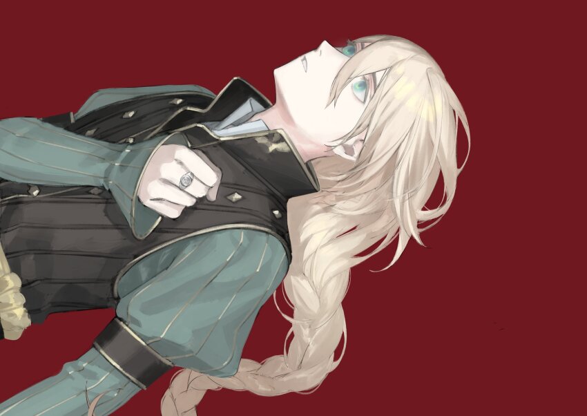 1boy arm_up black_vest blonde_hair braid clenched_hand collared_vest commentary english_commentary gold_trim green_eyes green_shirt hand_on_own_chest highres juliet_sleeves long_hair long_sleeves looking_ahead male_focus mik_blamike parted_lips popped_collar puffy_sleeves red_background roland_glenbrook shirt sideways single_braid solo triangle_strategy upper_body vest