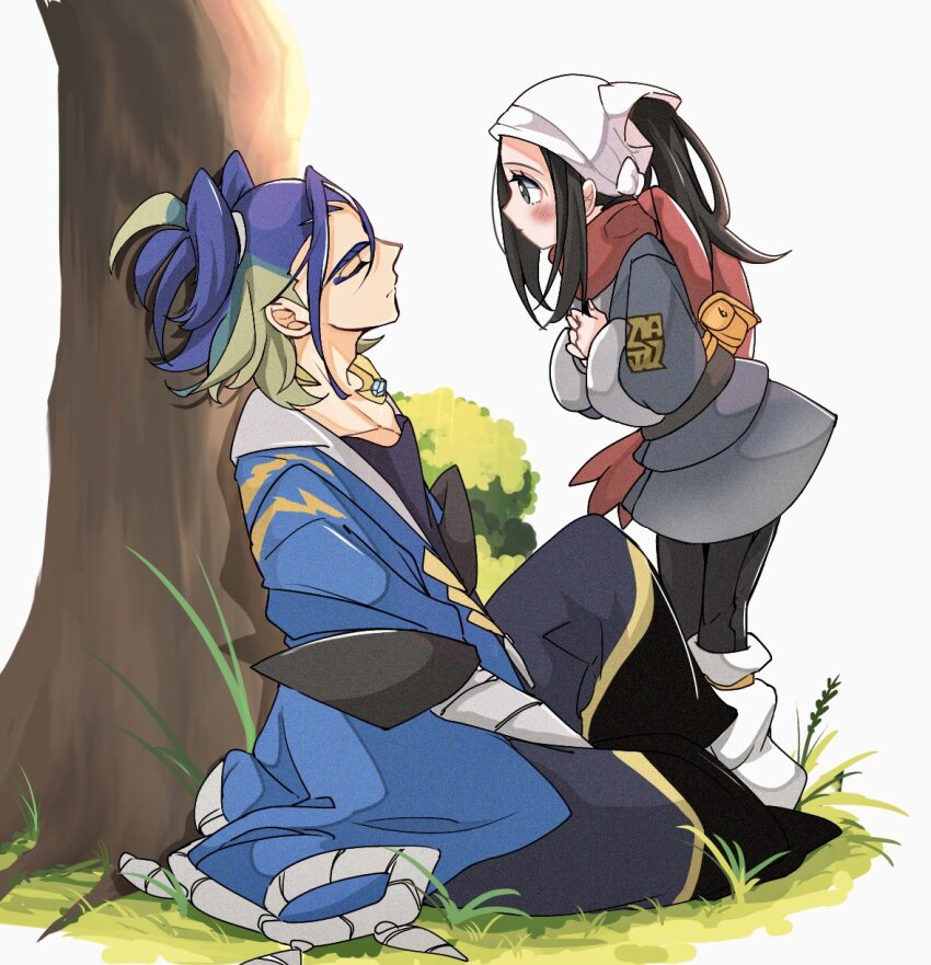 1boy 1girl adaman_(pokemon) against_tree akari_(pokemon) black_hair black_sash blonde_hair blue_coat blue_hair blush closed_eyes closed_mouth coat cocoa_s3 collarbone diamond_clan_outfit eyebrow_cut eyelashes galaxy_expedition_team_survey_corps_uniform green_hair grey_eyes grey_jacket hat headscarf highres jacket jewelry long_hair multicolored_hair nintendo outdoors pantyhose pokemon pokemon_legends:_arceus ponytail red_scarf sash scarf shirt sidelocks sitting tree white_headscarf