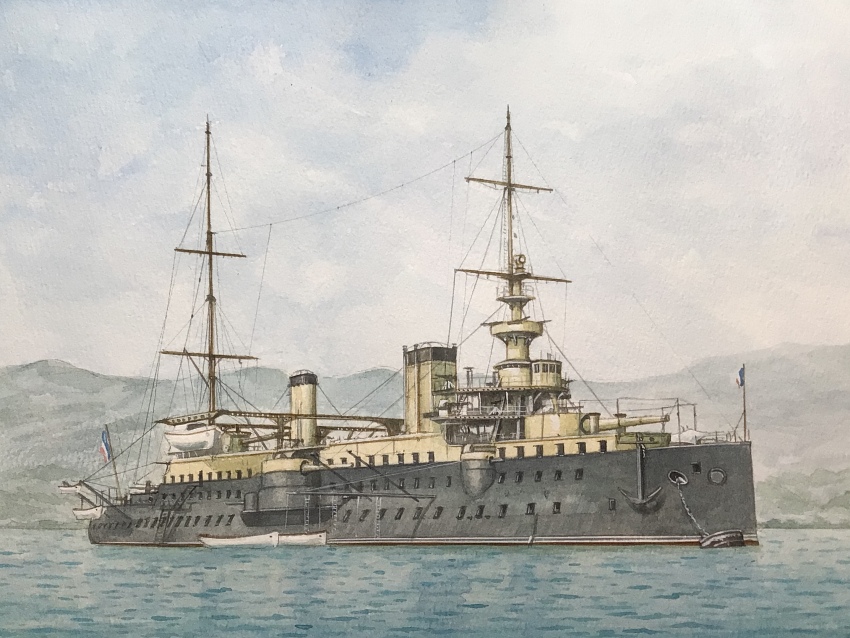 atelier_bono cannon carnot_(ironclad) french_flag french_navy highres ironclad no_humans ocean original painting_(medium) port ship_turret sky smokestack traditional_media vehicle_focus warship watercolor_(medium)