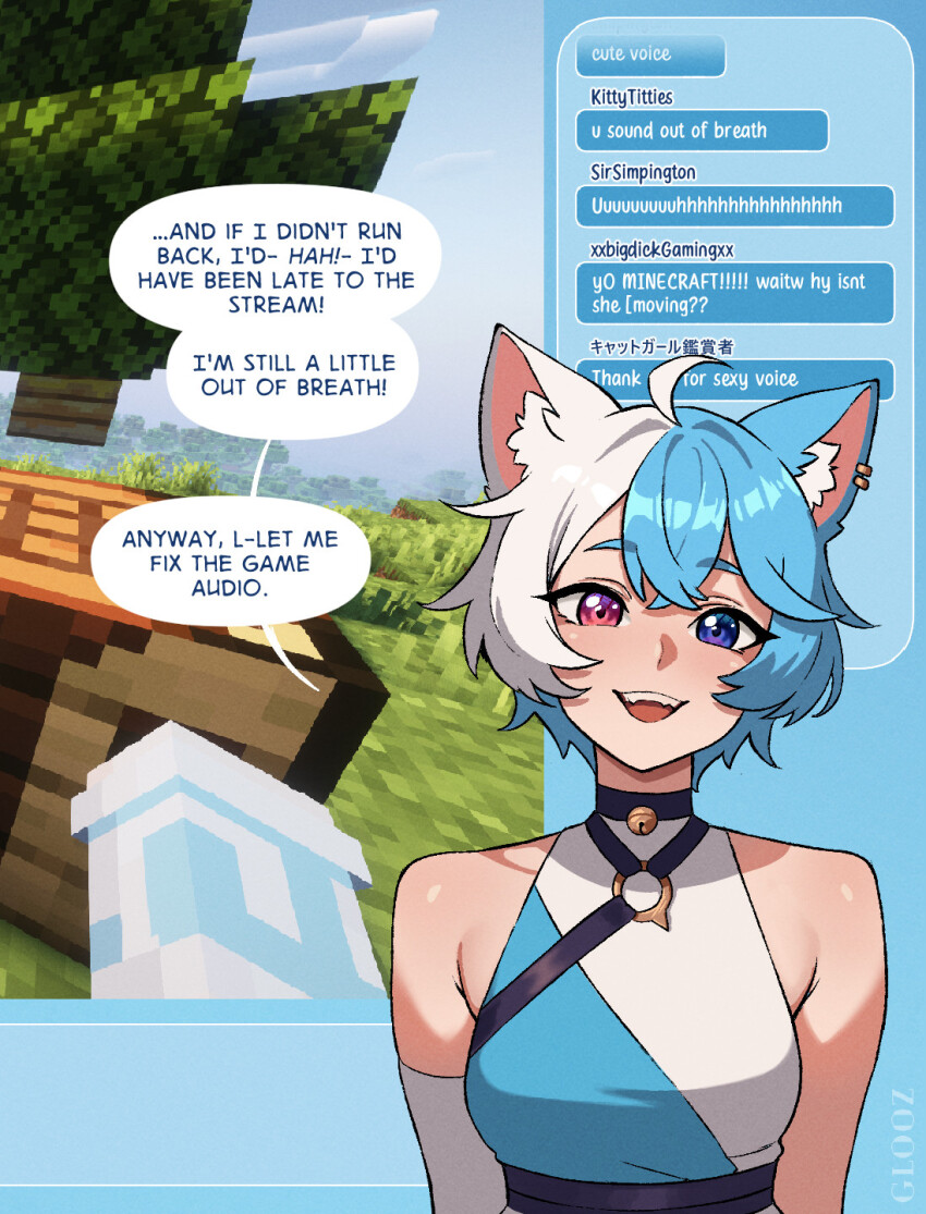 1girl :d ahoge animal_ear_piercing animal_ears blue_hair cat_ears cat_girl chat_log english_text game_screenshot_inset glooz_art heterochromia highres livestream minecraft multicolored_hair open_mouth original purple_eyes red_eyes short_hair smile speech_bubble two-tone_hair virtual_youtuber white_hair