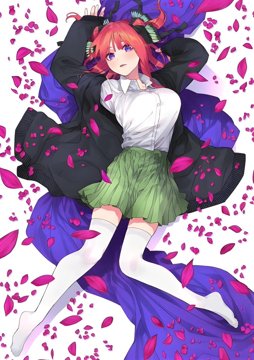 1girl absurdres arms_up black_jacket blush bow breasts butterfly_hair_ornament cloak collarbone collared_shirt dot_nose female_focus full_body go-toubun_no_hanayome green_eyes hair_ornament haruba_negi highres jacket kneehighs large_breasts legs long_sleeves looking_at_viewer lying miniskirt nakano_nino official_art on_back open_clothes panties petals pink_petals pleated_skirt purple_cloak purple_eyes red_bow school_uniform shirt shirt_tucked_in short_hair simple_background skirt socks solo solo_focus thighhighs thighs_focus underwear white_background white_panties white_shirt zettai_ryouiki