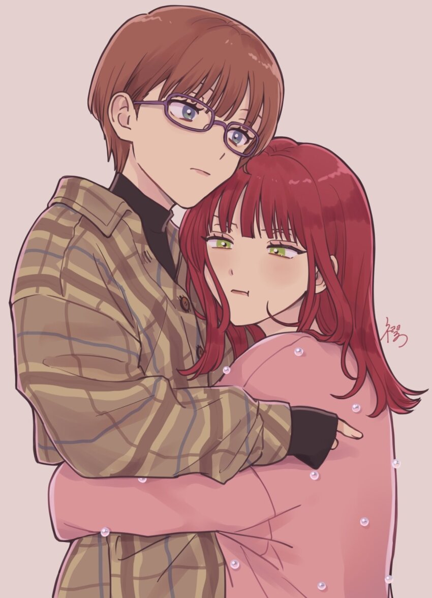 2girls black_eyes black_shirt brown_hair brown_jacket erinan glasses green_eyes grey_background highres hug jacket katori_youko long_hair long_sleeves multiple_girls pink_shirt pout purple-framed_eyewear red_hair shirt short_hair simple_background sleeves_past_wrists somei_hana upper_body world_trigger