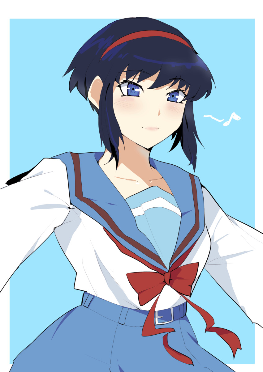 1girl absurdres aqua_background belt blue_belt blue_eyes blue_hair blue_sailor_collar blue_skirt border closed_mouth female_focus hairband highres kita_high_school_uniform kumashiro_sakuya long_sleeves outside_border red_hairband red_ribbon ribbon rice_grg sailor_collar school_uniform serafuku shin_tenchi_muyou! shirt short_hair sidelocks skirt solo suzumiya_haruhi_no_yuuutsu tenchi_muyou! white_border white_shirt