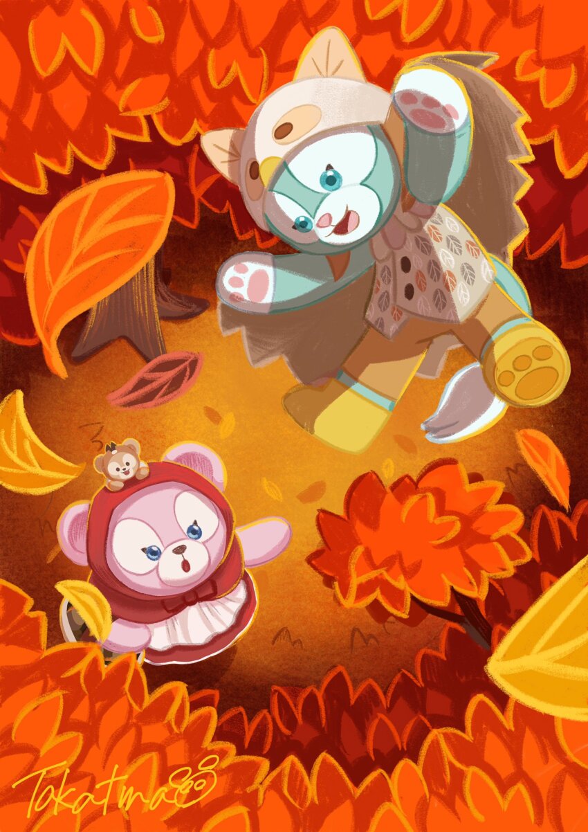 1girl 2boys animal_ears bear_ears cat_ears duffy_and_friends duffy_the_disney_bear full_body furry furry_female furry_male gelatoni highres long_sleeves looking_at_viewer multiple_boys shelliemay shirt smile standing stuffed_animal stuffed_toy takatmaorange