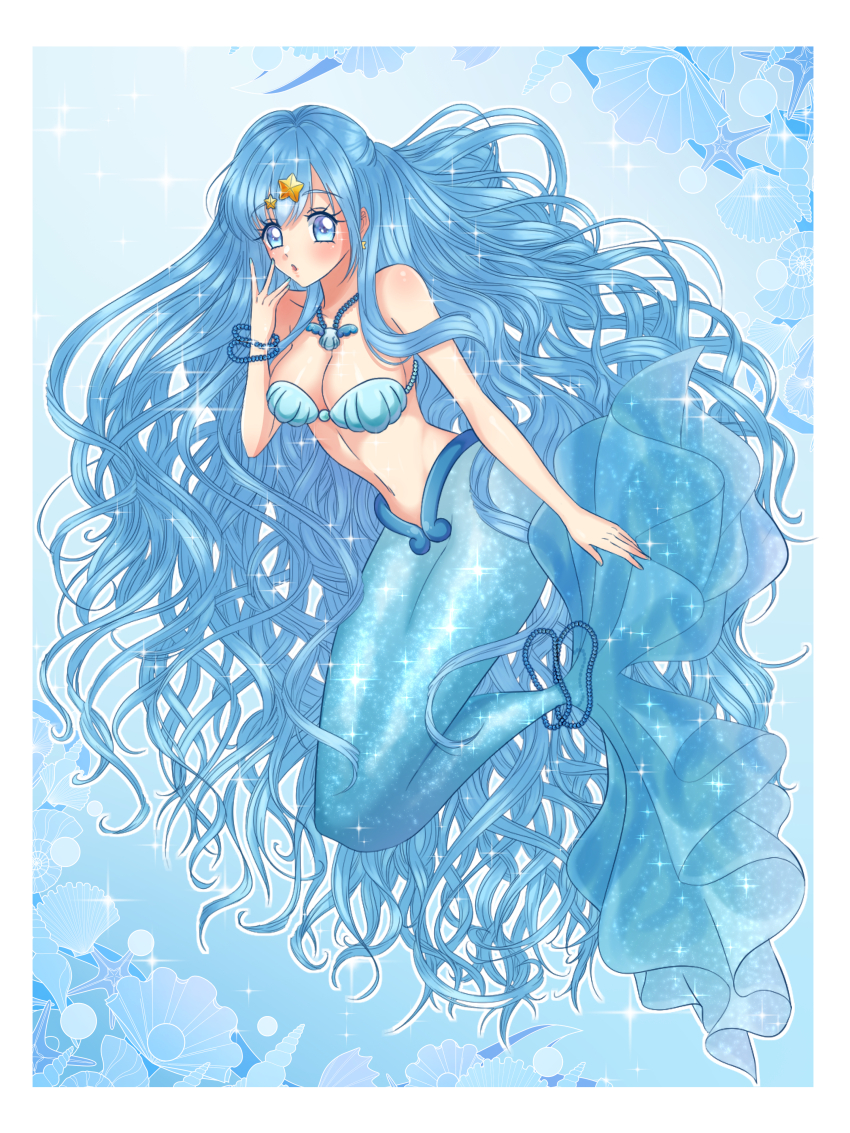 1girl absurdly_long_hair absurdres bare_shoulders bikini blue_background blue_eyes blue_hair bracelet breasts cleavage collarbone commentary earrings full_body hair_between_eyes hair_ornament hand_up highres houshou_hanon houshou_hanon_(mermaid) jewelry long_hair looking_at_viewer lpp_bitshies medium_breasts mermaid mermaid_melody_pichi_pichi_pitch monster_girl nail_polish navel necklace parted_lips pearl_bracelet shell shell_bikini shell_necklace sidelocks solo sparkle star_(symbol) star_earrings star_hair_ornament stomach tail tail_ornament very_long_hair