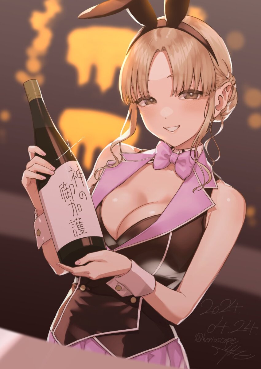 1girl animal_ears bottle bow bowtie breasts brown_eyes bunny_garden cleavage detached_collar fake_animal_ears grin herio highres large_breasts light_brown_hair looking_at_viewer nijisanji parody pink_bow pink_bowtie rabbit_ears sake_bottle shirt sister_claire skirt sleeveless sleeveless_shirt smile solo upper_body virtual_youtuber wrist_cuffs