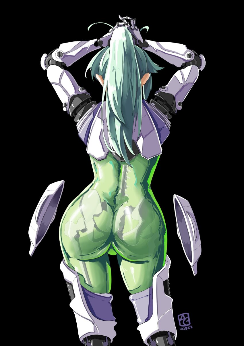 1girl aqua_hair artist_logo ass ass_focus automatic_giraffe black_background curvy cyborg emovere_(automatic_giraffe) feet_out_of_frame from_behind high_ponytail highres huge_ass logo mechabare mechanical_arms mechanical_legs original ponytail skin_tight solo