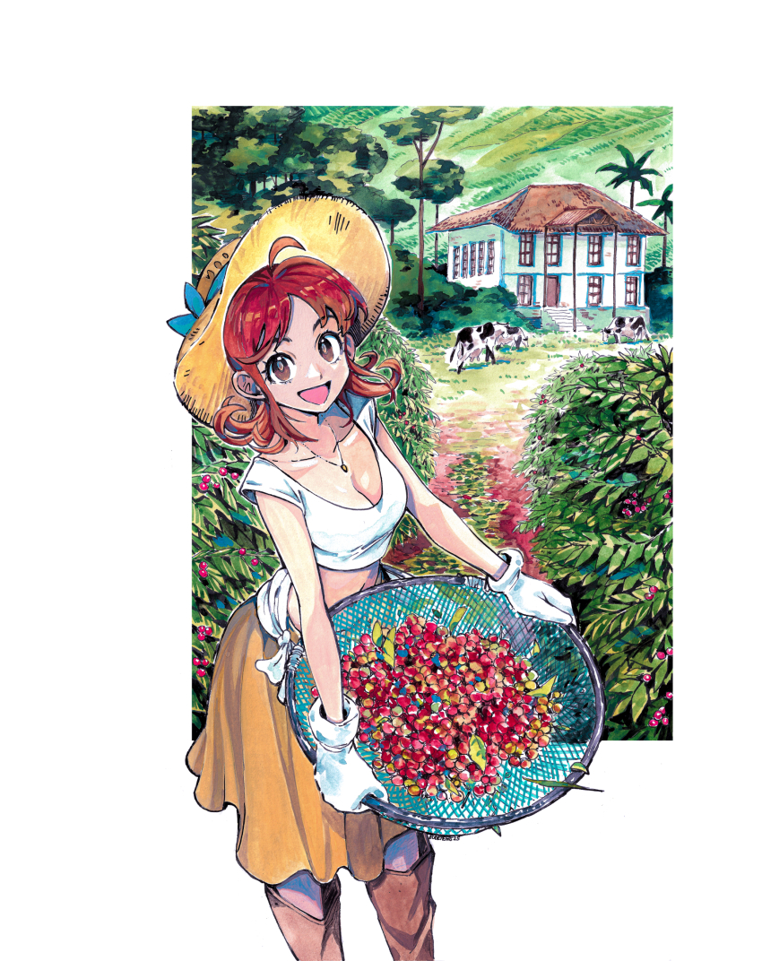 1girl ahoge blue_ribbon boots breasts brown_boots brown_eyes building bush cleavage coffee_beans collarbone commentary cow cowboy_shot cropped_shirt curly_hair english_commentary eudetenis farmer farming gloves grass hat hat_ribbon highres jewelry knee_boots looking_at_viewer medium_breasts medium_hair midriff necklace open_mouth original plant red_hair ribbon scenery short_sleeves skirt smile solo standing straw_hat traditional_media tree white_gloves yellow_skirt