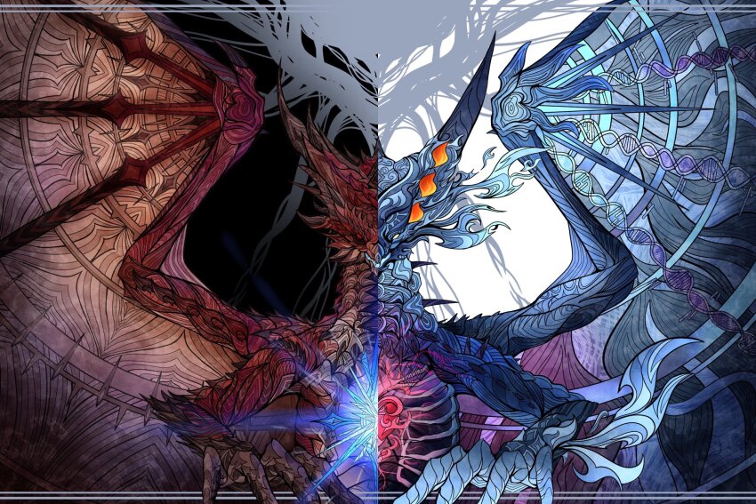 blue_skin claws colored_skin diaaarai dragon glowing glowing_chest heart_(organ) highres horns looking_at_viewer monster_hunter:_world monster_hunter_(series) monster_hunter_world:_iceborne red_scales safi&#039;jiiva split_theme upper_body wings xeno&#039;jiiva