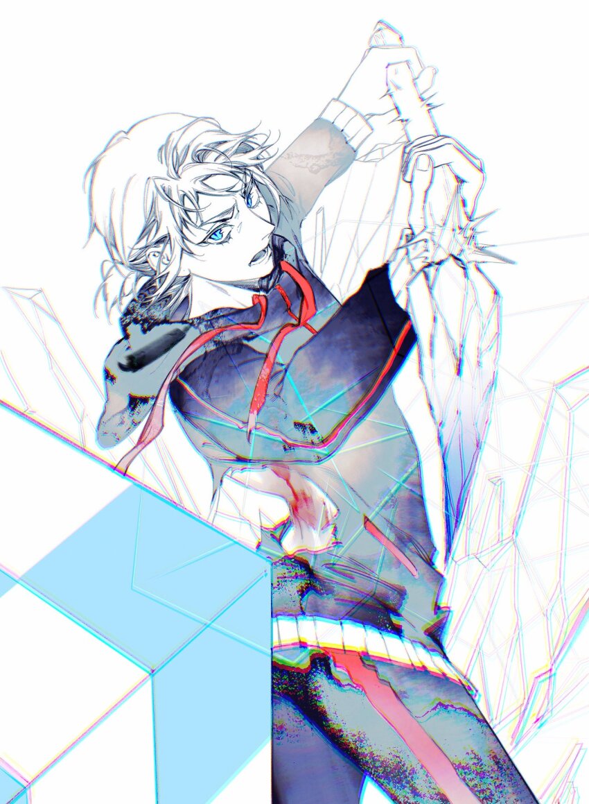 1boy angry blood blood_on_back blue_eyes blue_hoodie blue_theme cryokinesis cube highres holding holding_weapon hood hoodie ice incoming_attack khun_aguero_agnis looking_at_viewer male_focus monochrome open_mouth original polearm ponytail rubik&#039;s_cube shancunyinian short_hair short_ponytail solo spear teeth torn_clothes torn_hoodie tower_of_god weapon white_background