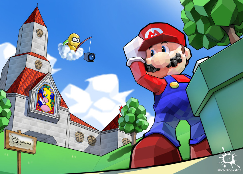 1girl 2boys artist_name blonde_hair blue_eyes blue_overalls blue_sky brown_shoes camera castle cloud crown dress facial_hair fishing_rod gloves hat hat_tip highres holding holding_fishing_rod inkblockart lakitu lakitu&#039;s_cloud long_hair mario mario_(series) multiple_boys mustache nintendo outdoors overalls own_hands_clasped own_hands_together pink_dress princess_peach red_hat red_shirt shirt shoes sign sky stained_glass super_mario_64 tree turtle_shell warp_pipe white_gloves window