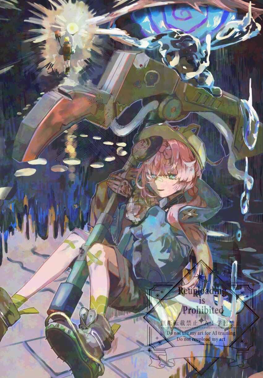 1girl bandaid bandaid_on_face bandaid_on_nose blue_eyes boots brown_shorts fate/grand_order fate_(series) highres long_hair mining_helmet nana7hishimeku orange_hair parted_lips shorts sitting smile solo van_gogh_(fate) van_gogh_(miner)_(fate)