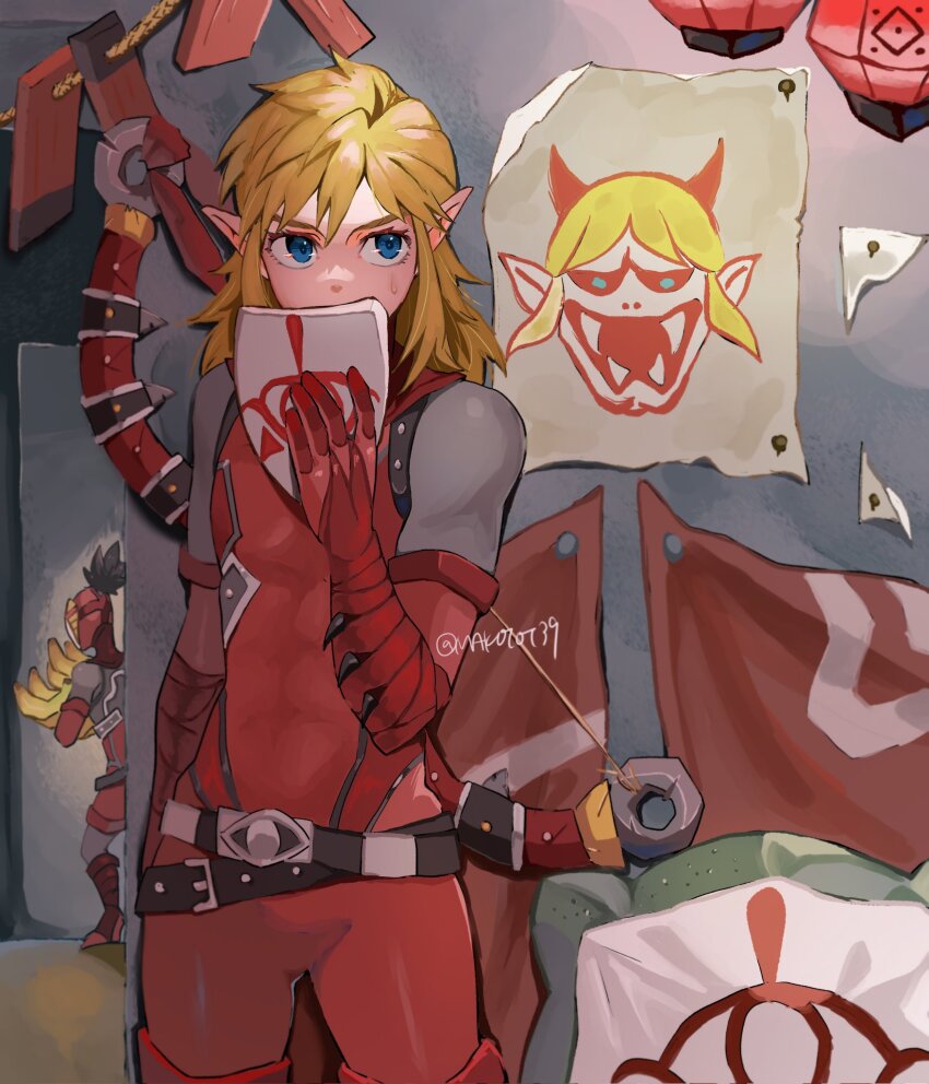 2boys artist_name banana belt black_belt blonde_hair blue_eyes bodysuit bow_(weapon) cosplay cowboy_shot elbow_gloves food fruit gloves highres holding holding_mask link makoto_139 mask unworn_mask medium_hair multiple_boys nintendo pointy_ears red_bodysuit red_gloves solo_focus the_legend_of_zelda the_legend_of_zelda:_tears_of_the_kingdom weapon yiga_clan yiga_clan_footsoldier yiga_clan_footsoldier_(cosplay)