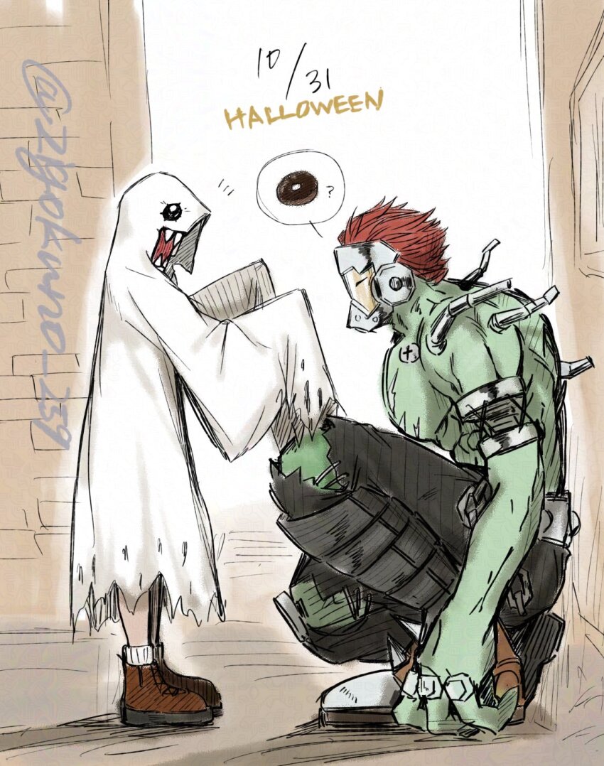 bakemon boltmon digimon donut food halloween halloween_costume highres looking_at_another mask muscular muscular_male