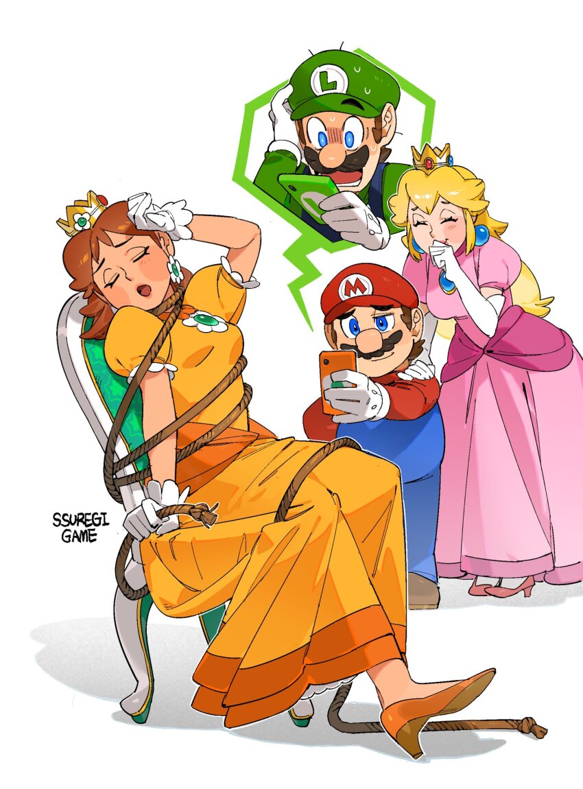 2boys 2girls :o ^_^ arm_up artist_name blonde_hair blue_eyes blue_overalls blue_pants blush brown_hair brown_shoes cellphone chair closed_eyes closed_mouth commentary crown dress earrings elbow_gloves english_commentary facial_hair flower_earrings gloves green_hat green_shirt hand_on_another&#039;s_shoulder hat high_heels highres holding holding_phone jewelry laughing long_hair long_sleeves luigi mario mario_(series) medium_hair multiple_boys multiple_girls mustache nervous nervous_sweating nintendo on_chair open_mouth orange_dress orange_shoes overalls pants phone pink_dress pink_shoes princess_daisy princess_peach puffy_sleeves red_hat red_shirt rope shirt shoes short_hair short_sleeves simple_background sitting smartphone smile smirk sphere_earrings ssuregigame standing sweat video_call white_background white_gloves