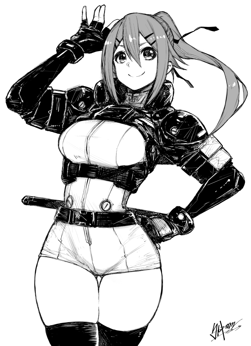 1girl absurdres arm_up armor belt black_gloves black_jacket black_thighhighs black_torch_(takaki_tsuyoshi) bodysuit catsuit covered_navel cropped_jacket fingerless_gloves framed_breasts gloves greyscale hair_between_eyes hair_ornament hairclip hand_on_own_hip highres jacket kishimojin_ichika long_hair long_sleeves monochrome ponytail sheath short_sword shoulder_armor signature simple_background smile solo sword takaki_tsuyoshi thigh_gap thighhighs waving weapon white_background white_bodysuit zettai_ryouiki