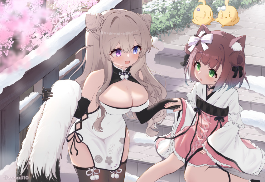 2girls animal_ear_fluff animal_ears architecture artist_name azur_lane bare_shoulders bird black_gloves black_ribbon blonde_hair blue_eyes blush bow branch breasts brown_hair brown_thighhighs bun_with_braided_base bush chick china_dress chinese_clothes choker cleavage cleavage_cutout clothing_cutout commentary_request cone_hair_bun conet510 dog_ears dog_girl double_bun dress east_asian_architecture elbow_gloves fake_tail floral_print flower frilled_kimono frills gloves green_eyes grey_dress hair_between_eyes hair_bow hair_bun hair_flower hair_ornament hair_ribbon heart heart_choker heart_collar heterochromia highres holding holding_hands japanese_clothes kimono large_breasts leaf long_hair long_sleeves manjuu_(azur_lane) medium_hair multiple_girls murmansk_(azur_lane) murmansk_(chamber_of_fragrance)_(azur_lane) official_alternate_costume official_alternate_hairstyle open_mouth outdoors pelvic_curtain pink_dress purple_eyes railing ribbon shiratsuyu_(azur_lane) shiratsuyu_(thawing_snow_fireworks_alight)_(azur_lane) sitting skindentation sleeveless sleeveless_dress snow stairs standing tail thighhighs thighs tree twitter_username white_tail wide_sleeves winter