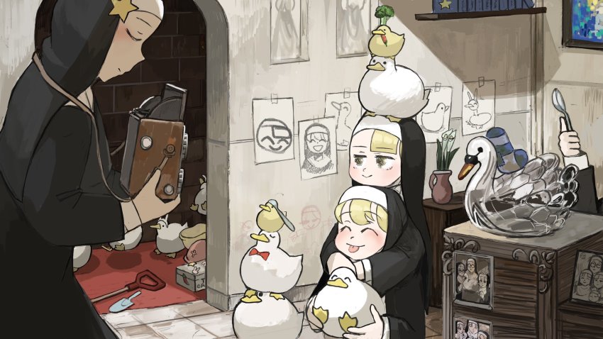 4girls ^_^ aged_down animal animal_ears animal_on_hand animal_on_head bird book bookshelf bow bowtie box brick_wall camera chicken chili_pepper closed_eyes clumsy_nun_(diva) diva_(hyxpk) doorway drawer drawing drawing_(object) duck duckling fake_animal_ears flower glass habit hand_on_another&#039;s_shoulder highres holding holding_camera holding_spoon lily_(flower) little_nuns_(diva) mouth_hold multiple_girls nun object_on_head on_head on_wall out_of_frame own_hands_together painting_(object) picture_frame rabbit_ears red_neckwear sculpture shovel slice_of_life smile spicy_nun_(diva) spoon star_(symbol) star_nun_(diva) stuffed_toy swan thumbs_up tongue tongue_out traditional_nun trowel twin-lens_reflex_camera vase