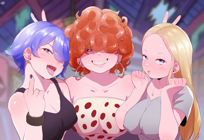 3girls animification black_nails black_shirt blonde_hair blue_eyes blue_hair born-to-die breasts collarbone double_v ear_piercing earrings ed_edd_n_eddy female_focus green_eyes grey_shirt grin hair_over_one_eye highres hoop_earrings jewelry kanker_sisters large_breasts lee_kanker long_hair looking_at_viewer marie_kanker may_kanker middle_finger multiple_girls nail_polish open_mouth orange_hair piercing polka_dot polka_dot_shirt portrait purple_eyes pursed_lips shirt short_hair short_sleeves siblings sisters sleeveless smile strapless strapless_shirt tank_top teeth tongue tongue_out tongue_piercing v wristband