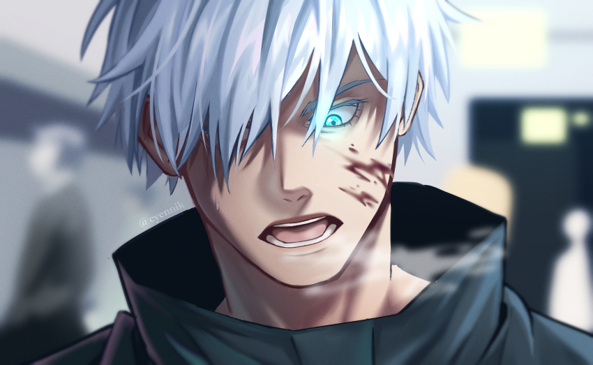 1boy absurdres blood blood_on_face blue_eyes breath commentary cyennik derivative_work english_commentary glowing glowing_eye gojou_satoru hair_over_one_eye highres jujutsu_kaisen male_focus portrait screenshot_redraw solo_focus white_hair