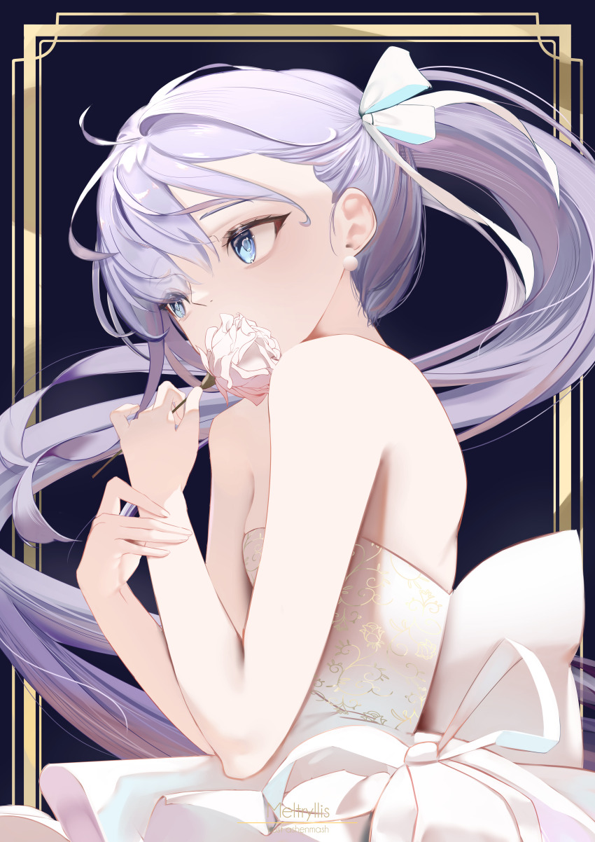 1girl absurdres alternate_costume black_background blue_eyes border covered_mouth cyrilashnmsh dress fate/grand_order fate_(series) flower gold_border highres meltryllis_(fate) purple_hair solo upper_body white_dress white_flower