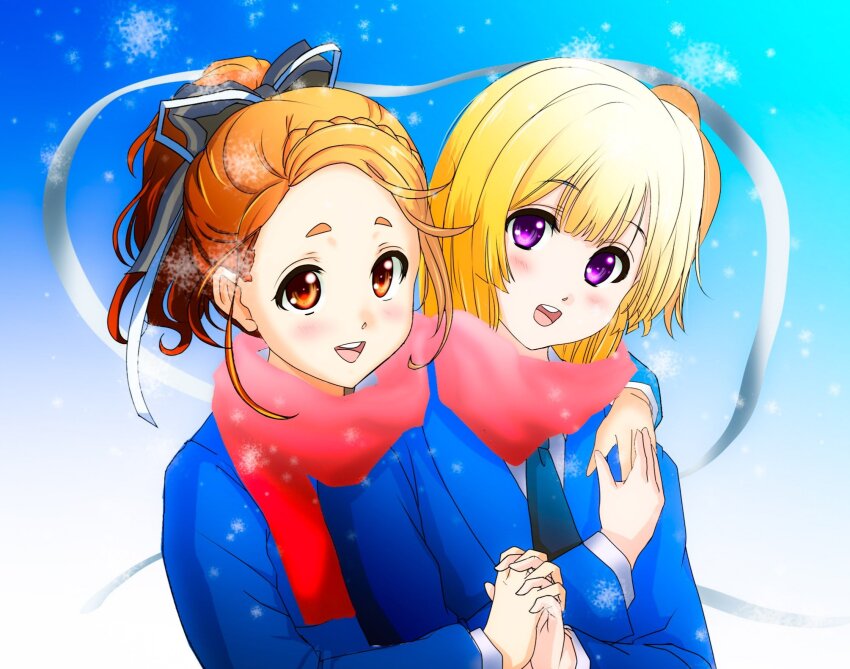 22/7 2girls blonde_hair bow brown_eyes brown_hair bxtbsy7q76gxh73 fujima_sakura hair_bow hair_ornament hair_ribbon high_ponytail highres holding_hands kono_miyako long_hair multiple_girls open_mouth ponytail purple_eyes red_scarf ribbon scarf shared_clothes shared_scarf short_hair smile uniform upper_body