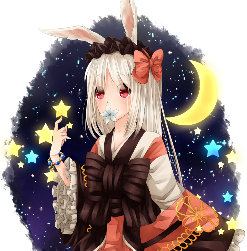 1girl animal_ears blush bow brown_bow closed_mouth commentary_request cowboy_shot crescent flower flower_in_mouth hair_flower hair_ornament hanbok highres korean_clothes long_hair long_sleeves looking_at_viewer meiko_(nattu303) orange_flower orange_skirt rabbit_ears rabbit_girl ragnarok_online red_eyes shirt skirt smile solo soul_linker_(ragnarok_online) star_(symbol) white_flower white_hair white_shirt