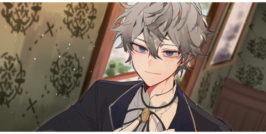 1boy anight black_jacket blue_eyes blurry blurry_background closed_mouth ensemble_stars! grey_hair hair_between_eyes jacket light_particles looking_at_viewer official_alternate_costume sena_izumi_(ensemble_stars!) shirt smile solo upper_body wallpaper_(object) white_shirt