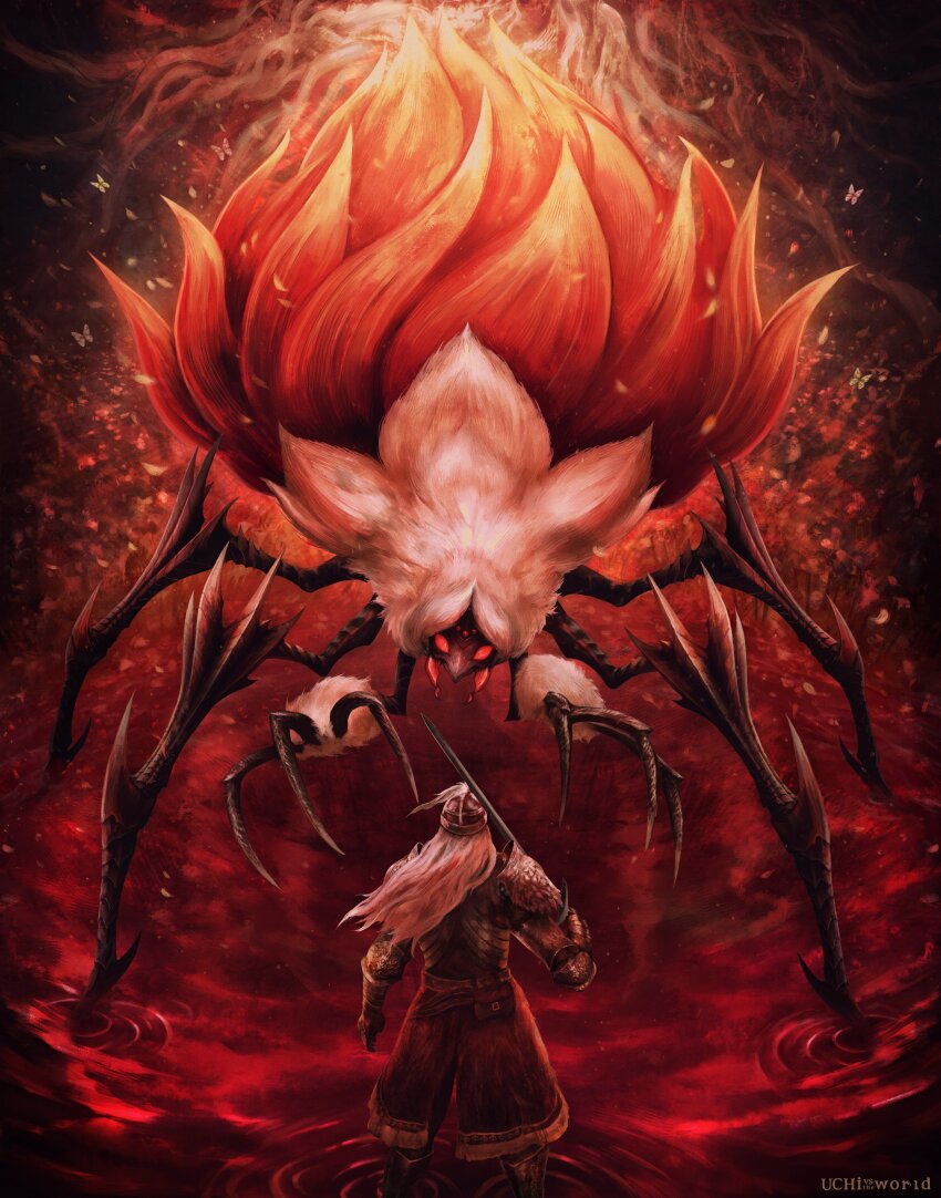 1other absurdres ambiguous_gender armor arthropod_limbs artist_name back belt_pouch bug butterfly claws crossover elden_ring fangs flower gauntlets helmet highres holding holding_sword holding_weapon insect lala_barina_(monster_hunter_wilds) mandibles monster monster_hunter_(series) monster_hunter_wilds over_shoulder plant_roots pouch red_eyes spikes sword tarnished_(elden_ring) trait_connection uchi_vs_the_world watermark weapon weapon_over_shoulder white_fur