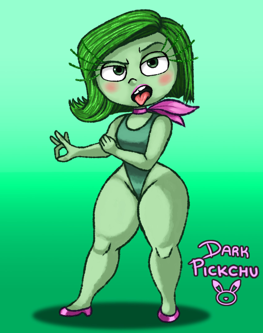 artist_logo colored_skin disgust disgust_(inside_out) eyelashes green_eyes green_hair green_skin high_heels highleg highleg_leotard highres inside_out leotard logo scarf thick_thighs thighs tongue tongue_out wide_hips