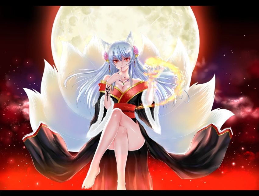 1girl animal_ears bare_legs bare_shoulders barefoot beads breasts cleavage crossed_legs feet female_focus fire flower fox_ears fox_tail full_moon hair_flower hair_ornament hoshi_no_tama inari japanese_clothes jewelry kimono kitsune large_breasts legs letterboxed long_hair moon multiple_tails necklace night original red_eyes sitting smile solo star_(symbol) tail white_hair windtalker