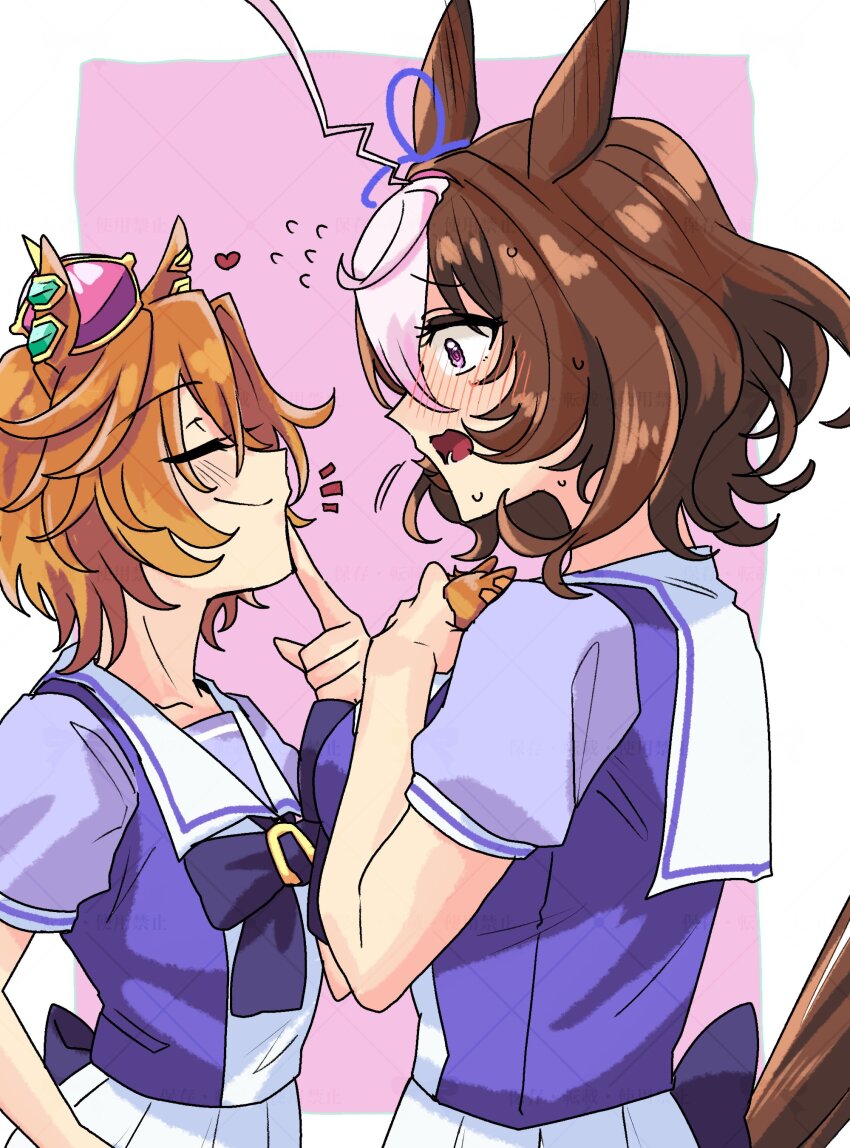 2girls absurdres ahoge animal_ears blush bow bowtie brown_hair brown_tail character_doll closed_eyes commentary crown doll ear_ornament finger_to_mouth flustered flying_sweatdrops furrowed_brow hairband heart highres holding holding_doll hone_(ftmh4275) horse_ears horse_girl horse_tail horseshoe_ornament looking_at_another meisho_doto_(umamusume) mini_crown multiple_girls open_mouth orange_hair pink_background pink_hairband pleated_skirt puffy_short_sleeves puffy_sleeves purple_bow purple_bowtie purple_eyes purple_shirt sailor_collar sailor_shirt school_uniform shirt short_hair short_sleeves skirt stiff_tail summer_uniform t.m._opera_o_(umamusume) tail tail_raised tracen_school_uniform u_u umamusume upper_body watermark watermark_grid white_hair white_sailor_collar white_skirt yuri