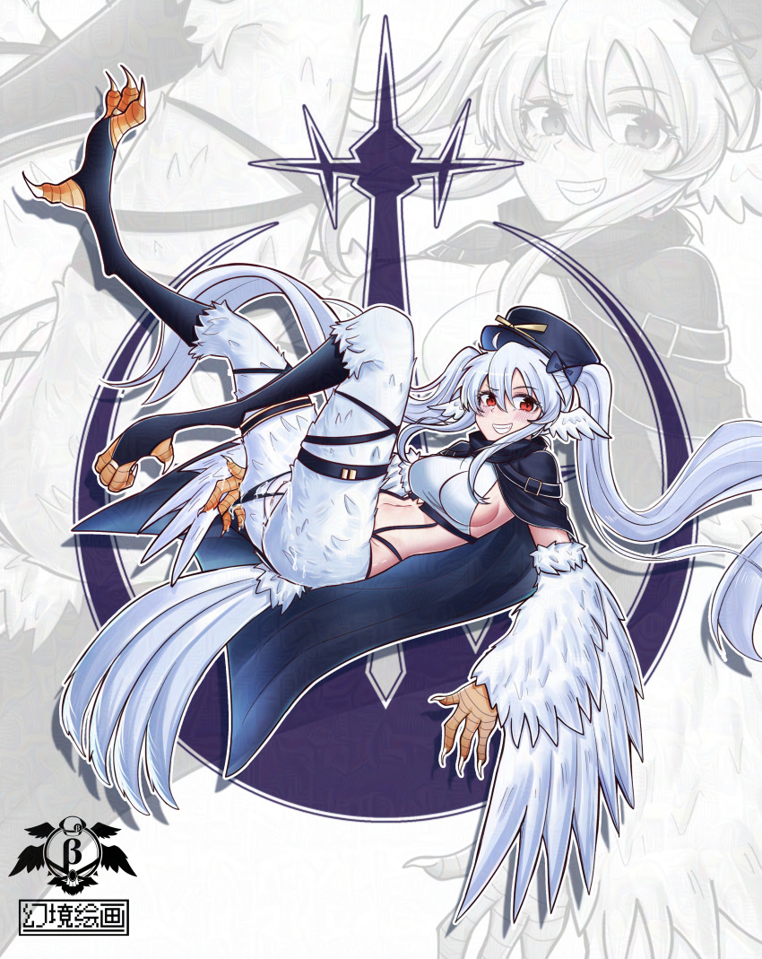 1girl absurdres bird_legs bird_tail black_hair black_socks blush breasts claws clitoral_hood commentary_request feathers genkyopainting grin harpy highres long_hair looking_at_viewer medium_breasts midriff monster_girl navel original panties panty_pull pulling_own_clothes pussy pussy_juice red_eyes sideboob smile socks solo stirrup_legwear tail talons thigh_strap toeless_legwear twintails uncensored underwear white_feathers white_hair white_wings wings zoom_layer