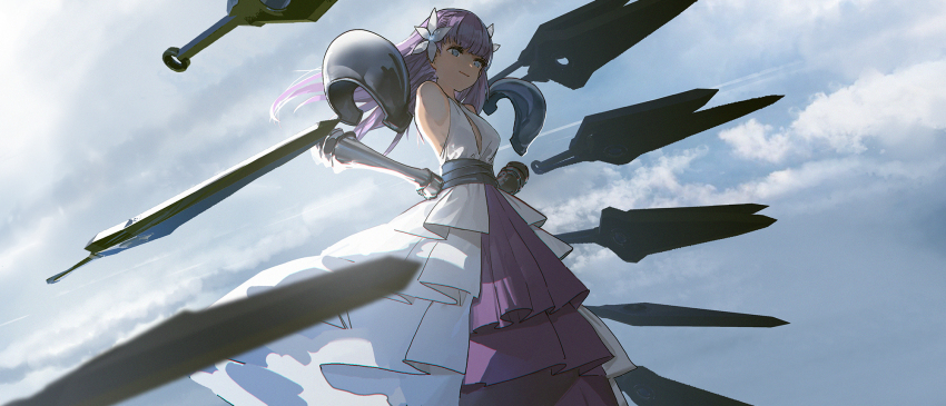 1311422471 1girl amputee armless_amputee armor bare_shoulders cloud cloudy_sky commentary double_amputee dress floating floating_armor flower gauntlets hair_flower hair_ornament hands_on_own_hips highres levitation long_hair looking_to_the_side outdoors purple_dress purple_hair ragna_crimson rayman_limbs sky sleeveless sleeveless_dress smile solo standing starlia_lese sword two-tone_dress weapon white_dress