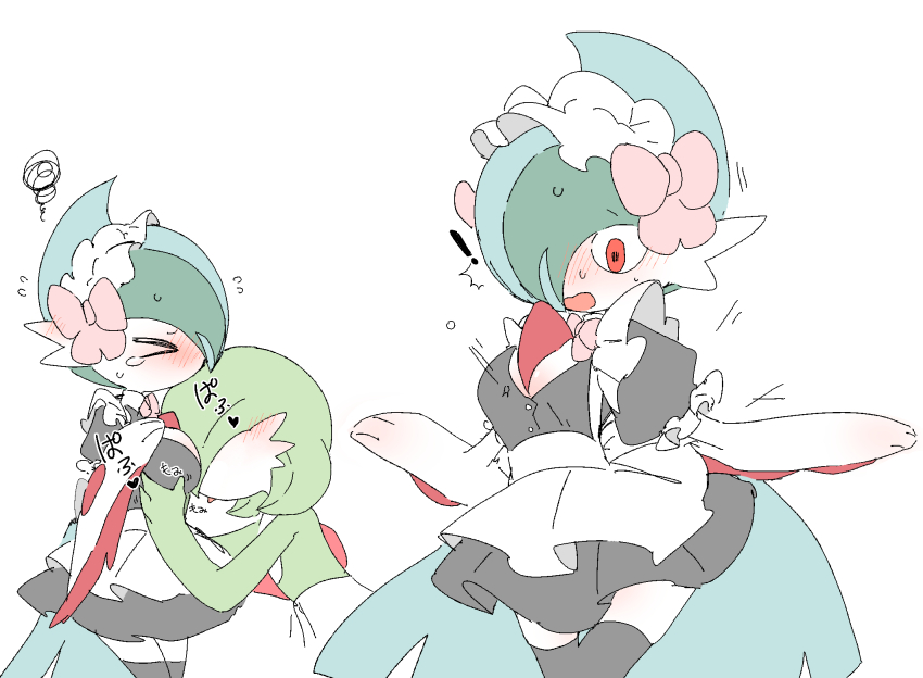 1boy 1girl apron arm_blade blush bob_cut bow breasts closed_eyes colored_skin crossdressing gallade gardevoir gen_3_pokemon gen_4_pokemon green_hair green_skin highres maid maid_apron maid_headdress mega_gallade mega_pokemon multicolored_skin nintendo pink_bow pippu_(pixiv_83129481) pokemon pokemon_(creature) simple_background trap two-tone_skin weapon white_apron white_background white_skin