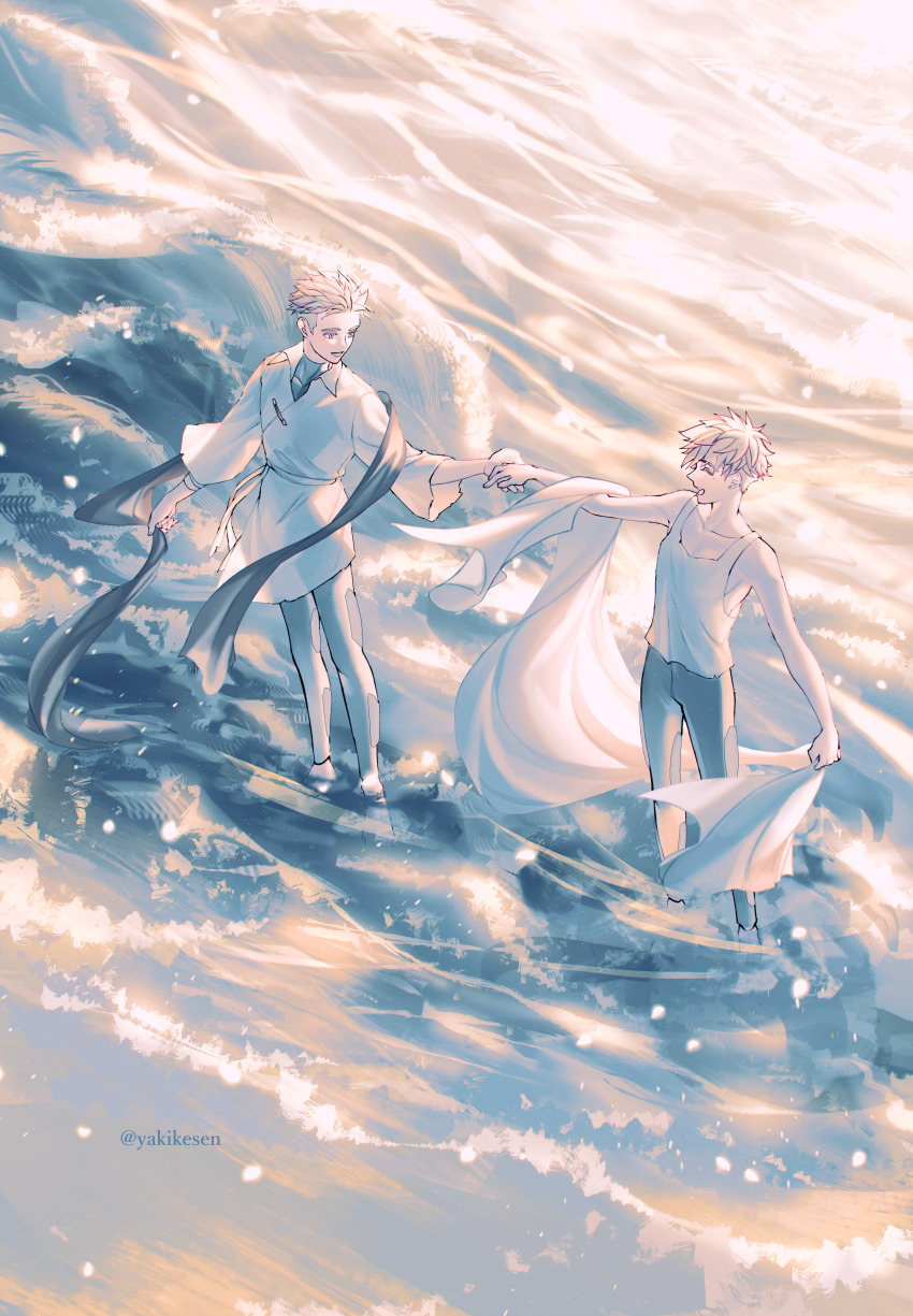 2boys absurdres blonde_hair brothers closed_eyes happy highres holding_hands looking_at_another male_focus millions_knives multiple_boys open_mouth pants shore short_hair siblings tank_top trigun trigun_stampede undercut vash_the_stampede wading yakikesen
