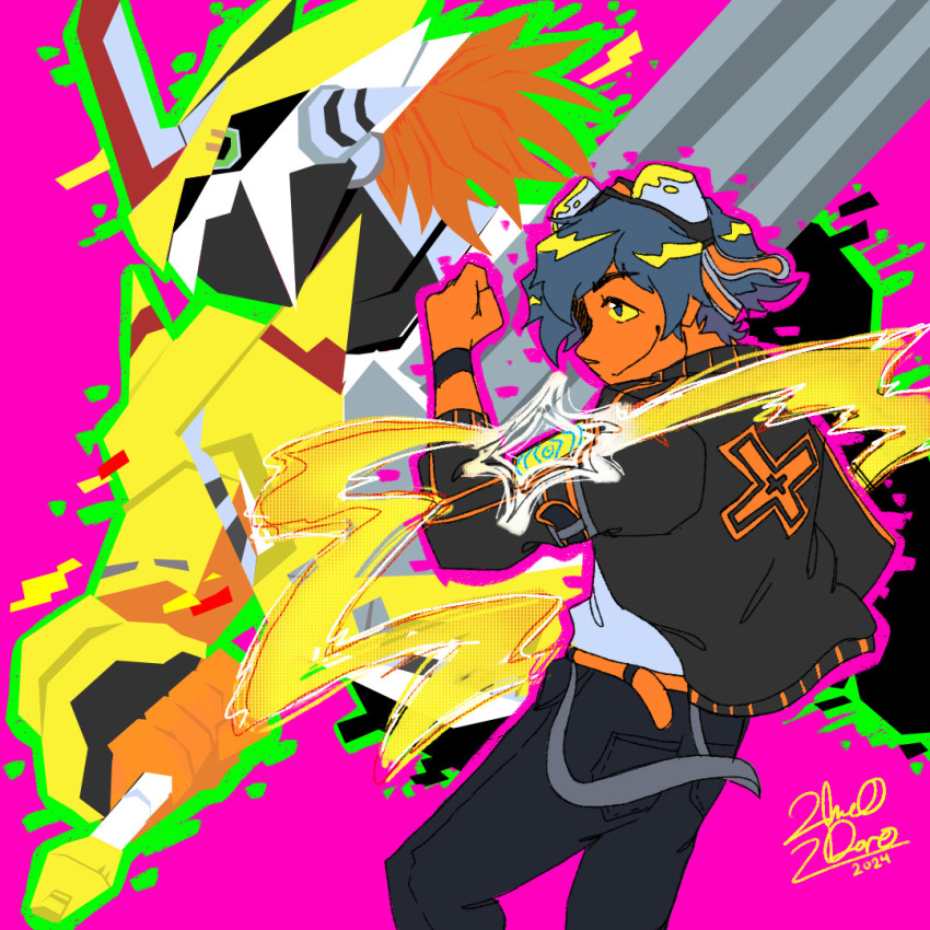 2boys armor digimon digimon_(creature) dragon_boy jacket multiple_boys smile taiga_(digimon) victorygreymon