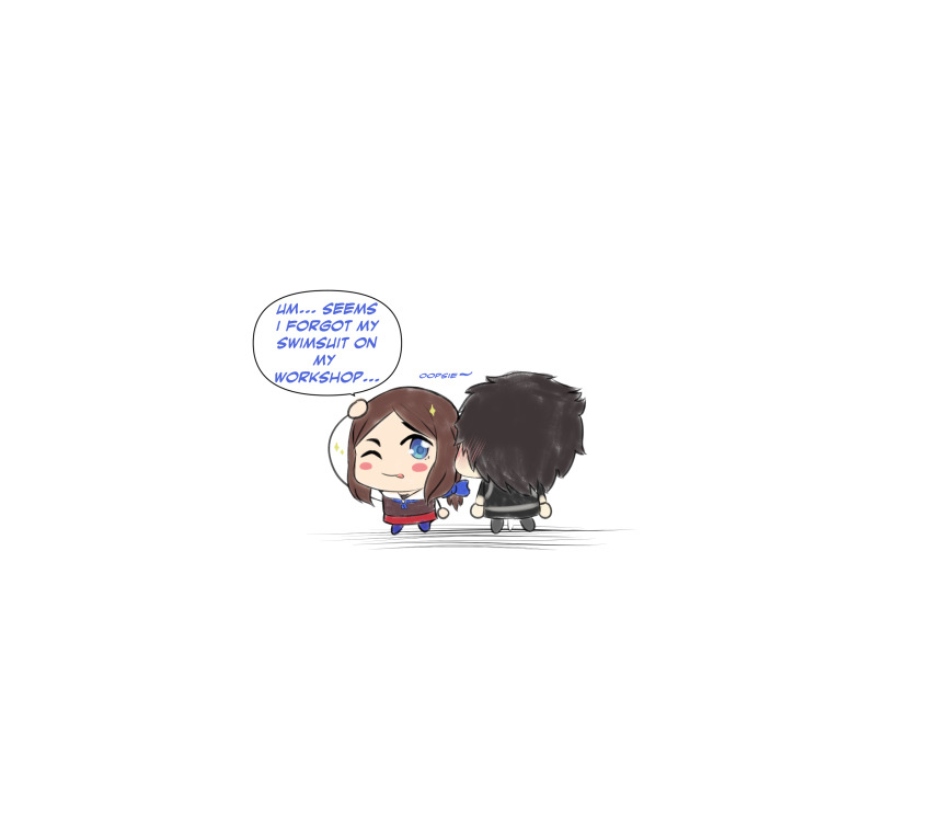 absurdres blush chibi dialogue_box fate/grand_order fate_(series) fujimaru_ritsuka_(male) highres leonardo_da_vinci_(fate) leonardo_da_vinci_(fate/grand_order) leonardo_da_vinci_(rider)_(fate) one_eye_closed penis ran_sk tongue tongue_out