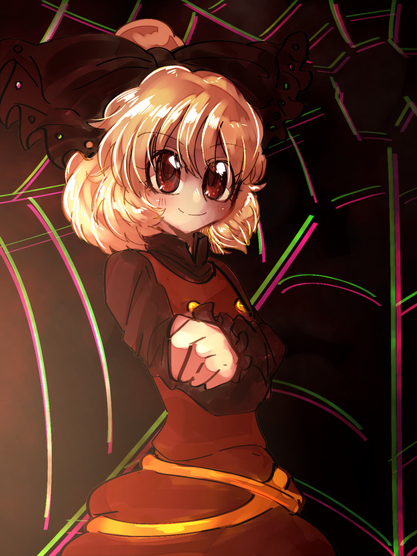 1girl black_bow black_shirt blonde_hair blush bow brown_dress brown_eyes buttons chromatic_aberration closed_mouth commentary_request cowboy_shot crossed_arms dress hair_bow hair_bun highres kurodani_yamame long_sleeves pinafore_dress ribbon shippuu_jinnari shirt short_hair silk single_hair_bun sleeveless sleeveless_dress smile solo spider_web touhou yellow_ribbon