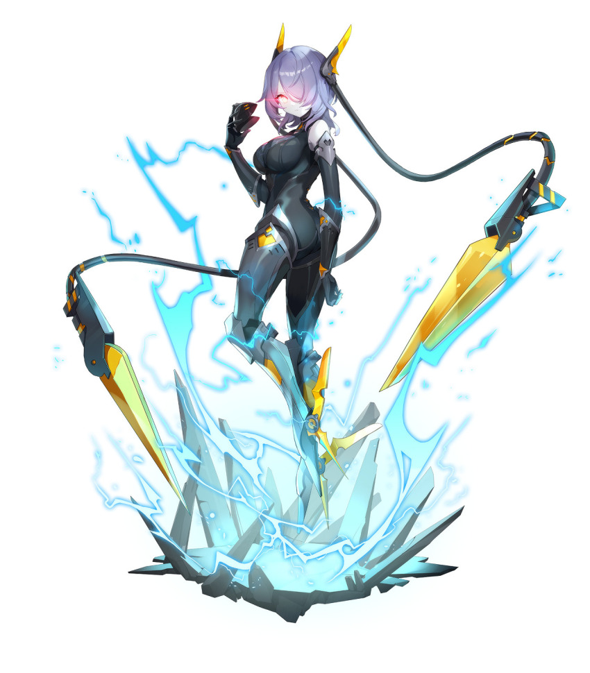 1girl android asymmetrical_bangs black_bodysuit black_gloves bodysuit breasts broken_ground elbow_gloves electricity eversoul game_cg gloves glowing glowing_eye grey_hair hair_over_one_eye highres holding holding_mask jacqueline_(eversoul) joints large_breasts leg_blade mask unworn_mask mouth_mask official_alternate_costume official_alternate_hairstyle official_art one_eye_covered parted_lips robot_joints solo tachi-e transparent_background yellow_eyes