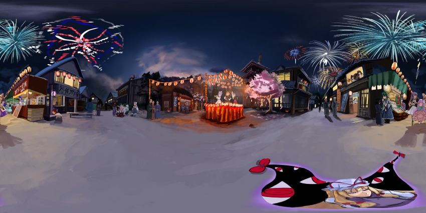 103anon 360_panorama 6+boys 6+girls absurdres aerial_fireworks artist_name blonde_hair building cherry_blossoms commentary_request dango danmaku dress eating festival fireworks flying food food_stand fujiwara_no_mokou futatsuiwa_mamizou gap_(touhou) hair_ribbon hakurei_reimu hat hat_ribbon hata_no_kokoro hieda_no_akyuu highres hijiri_byakuren holding holding_food houjuu_nue house human_village_(touhou) japanese_clothes kamishirasawa_keine kawashiro_nitori kijin_seija kimono kochiya_sanae komano_aunn lantern long_hair looking_at_viewer lunasa_prismriver lyrica_prismriver market market_stall merlin_prismriver mob_cap moriya_suwako motoori_kosuzu multiple_boys multiple_girls mystia_lorelei night night_sky okunoda_miyoi outdoors panorama paper_lantern purple_dress red_ribbon ribbon ringo_(touhou) seiran_(touhou) sekibanki shameimaru_aya sidelocks sky smile snow standing tatara_kogasa touhou toyosatomimi_no_miko tree village wagashi walking white_headwear yakumo_yukari yorigami_jo&#039;on yorigami_shion