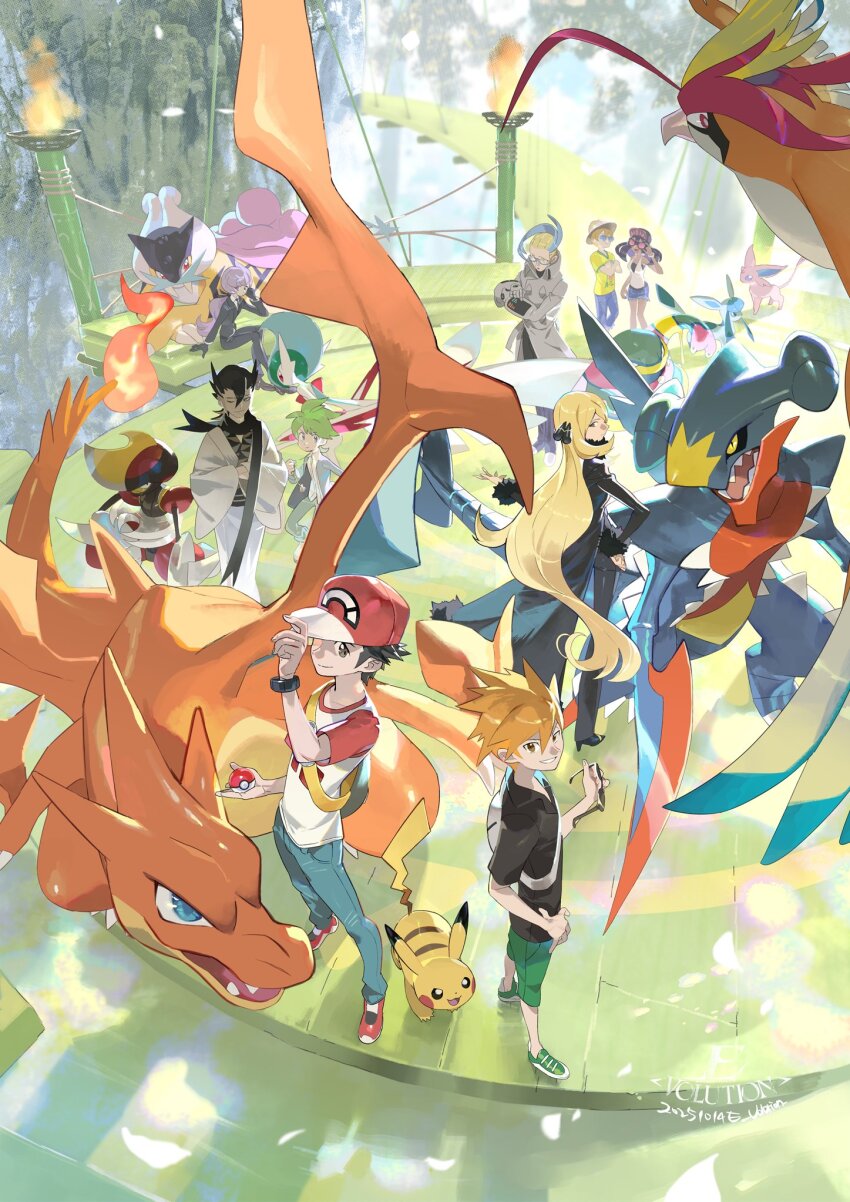 1996 3girls 6+boys 6+others alolan_form alolan_muk anabel_(pokemon) baseball_cap bisharp black_coat black_hair black_shirt blonde_hair blue_oak charizard closed_mouth coat colress_(pokemon) cynthia_(pokemon) dexio_(pokemon) e_volution espeon fire fur-trimmed_coat fur-trimmed_sleeves fur_collar fur_trim gallade garchomp gen_1_pokemon gen_2_pokemon gen_4_pokemon gen_5_pokemon gen_7_pokemon glaceon green_shorts grey_eyes grimsley_(pokemon) hair_ornament hat highres holding holding_poke_ball holding_removed_eyewear legendary_pokemon looking_at_viewer mega_charizard_y mega_gallade mega_garchomp mega_pidgeot mega_pokemon multiple_boys multiple_girls multiple_others nintendo pants pidgeot pikachu pointy_hair poke_ball poke_ball_(basic) pokemon pokemon_(creature) pokemon_sm raikou red_(pokemon) shirt shoes short_hair shorts signature sina_(pokemon) smile sunglasses torch tree unworn_eyewear wally_(pokemon)